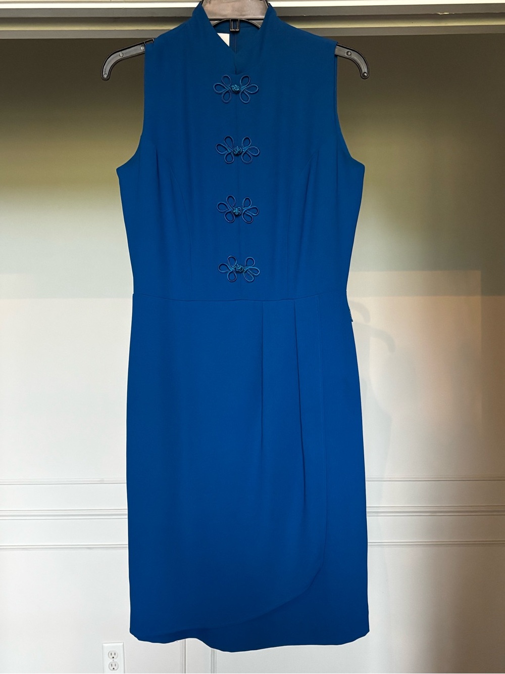 VTG Studio by Pat Argenti Blue Shift Dress Size 8 Mandarin Collar Frog Closures